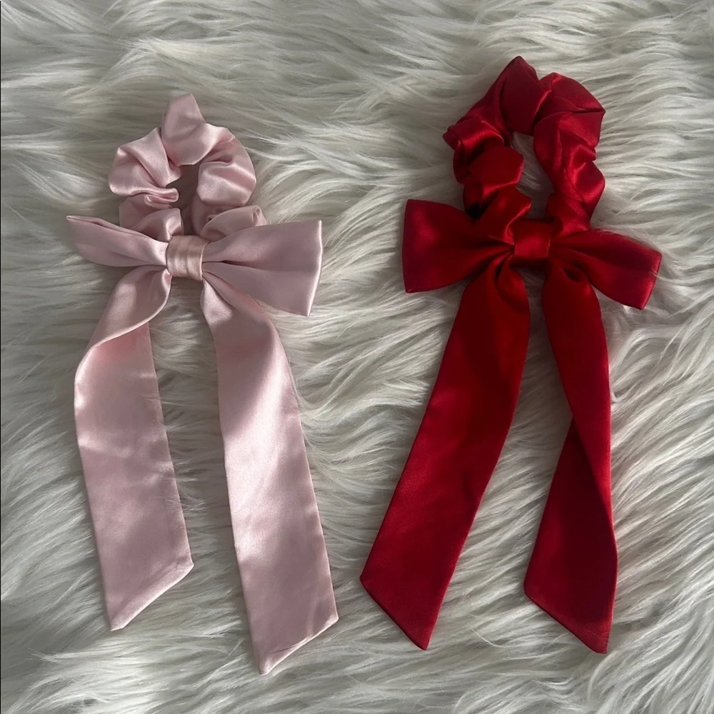 Silk Satin Hair Bow  Scrunchies red, pink and black valentine colors set of 3